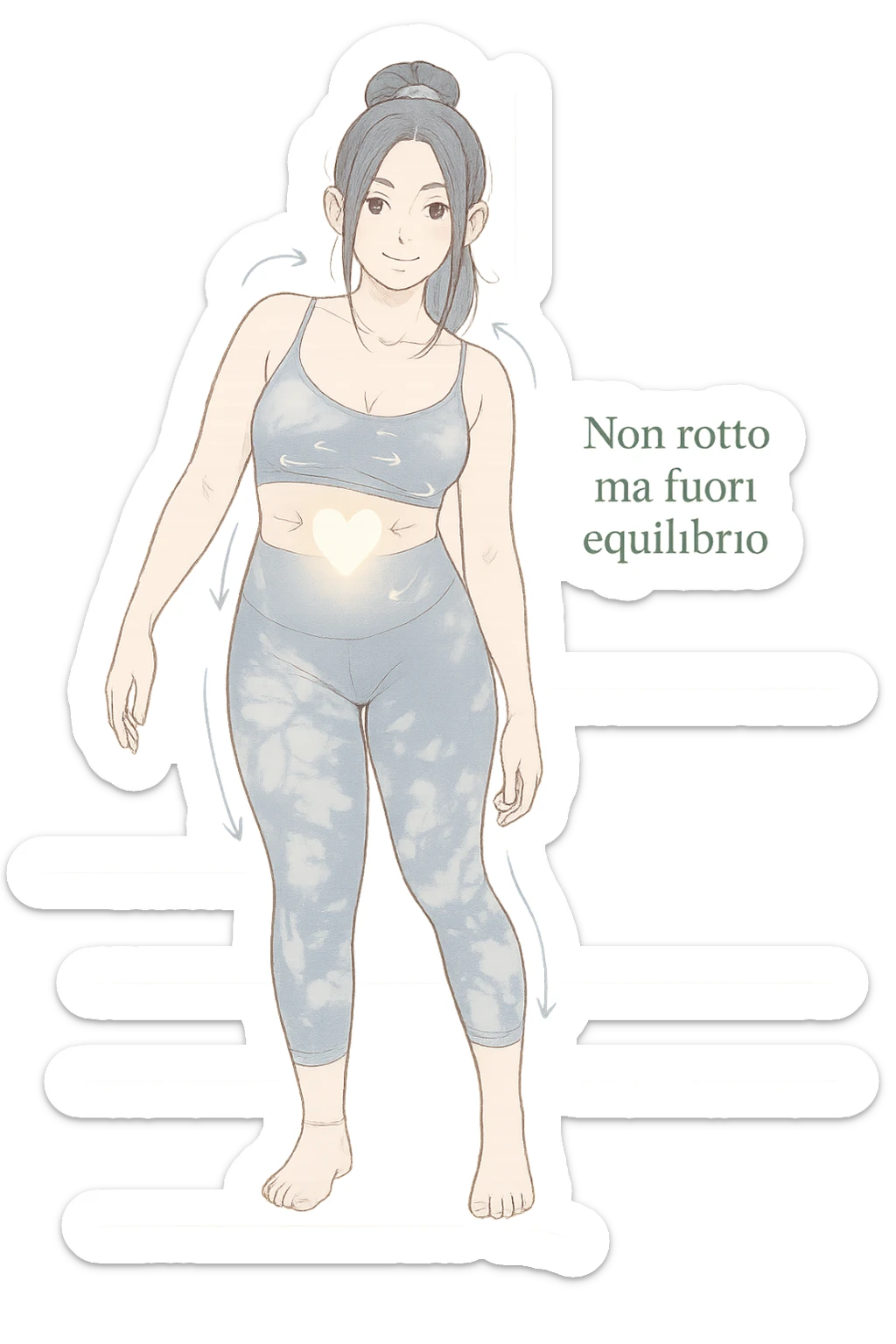 stile manga a woman stands in a relaxed pose, with a gentle, confident expression. Her body is shown with subtle, curved lines or arrows indicating areas of imbalance (such as a slight tilt in the shoulders or hips), but no signs of injury or damage. A soft glow or heart symbol at her core emphasizes resilience and the message “Non rotto, ma fuori equilibrio” The background is clean and clinical, with light blue tones. sticker