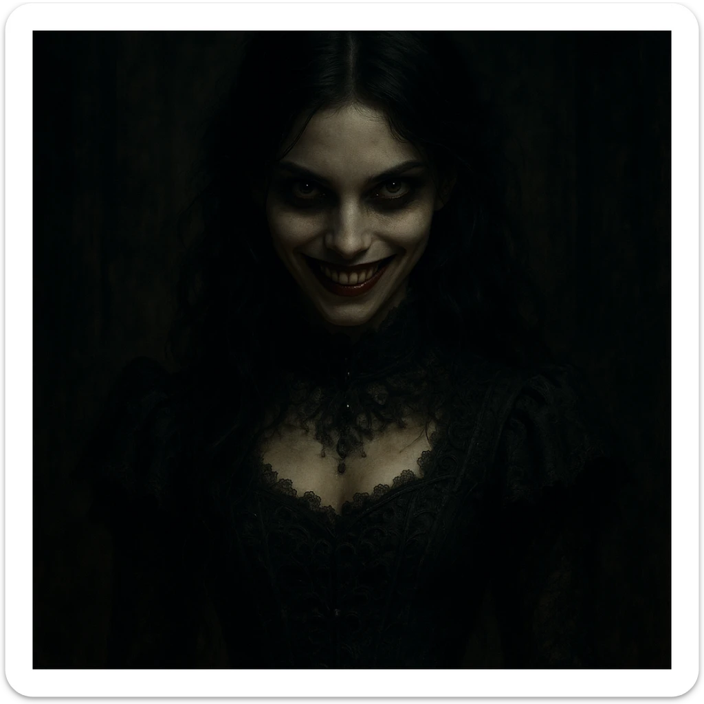 beautiful scary girl, enchanting yet menacing smile, dramatic lighting, supernatural beauty, gothic horror style sticker