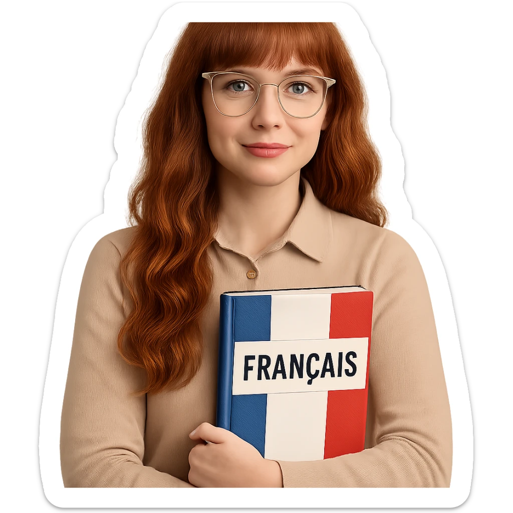 redhead woman with long wavy hair and bangs, cat-eye clear-framed glasses, blue eyes, French teacher, holding a book sticker