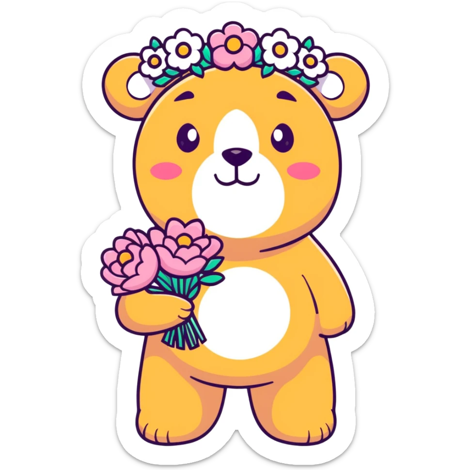 bear with a big flower crown, holding a bouquet, May Day festival, bright spring colors sticker