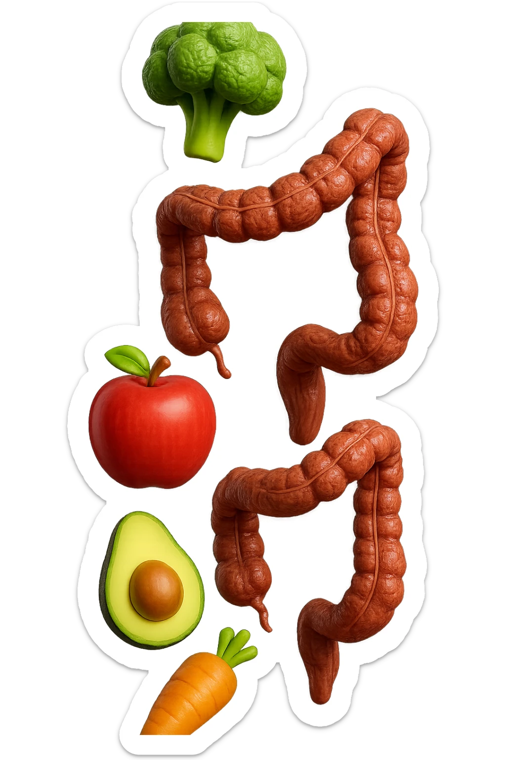 emoji stile iphone in 3d di cibo sano che fluttua in aria vericalmente insieme a pezzi di colon umano anatomico, iperrealistico 4k sticker