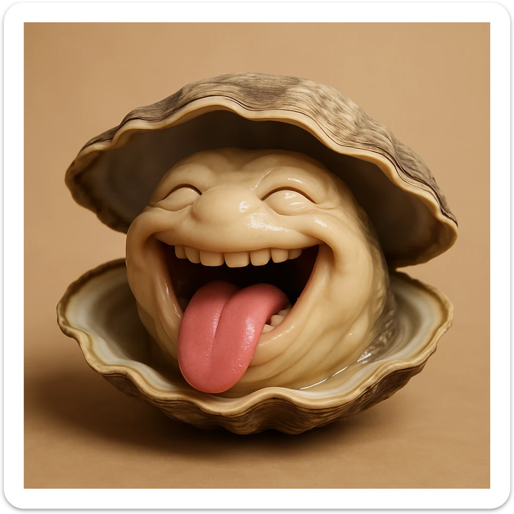 A cute oyster bursting out laughing, mouth wide open, eyes squinting, photorealistic style. sticker