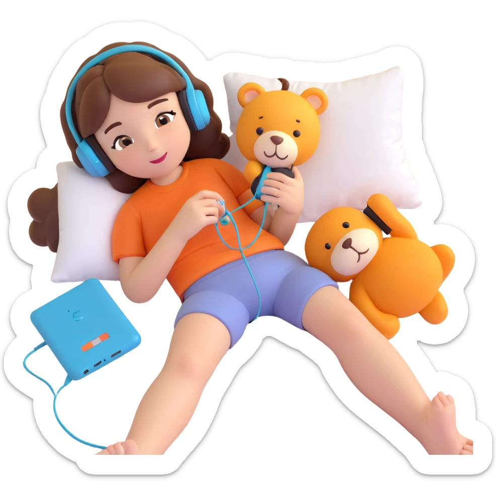 Girl lying on bed comfortably listening to music with wired earphones, holding a plush toy sticker