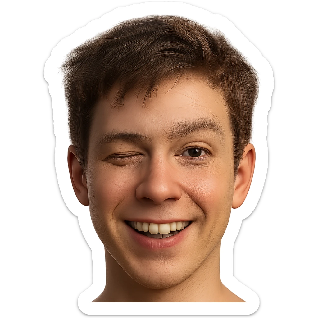 hyper-realistic emoji face of a young person with short tousled brown hair, light skin, winking, detailed skin texture, natural lighting, lifelike eyes, realistic facial features sticker