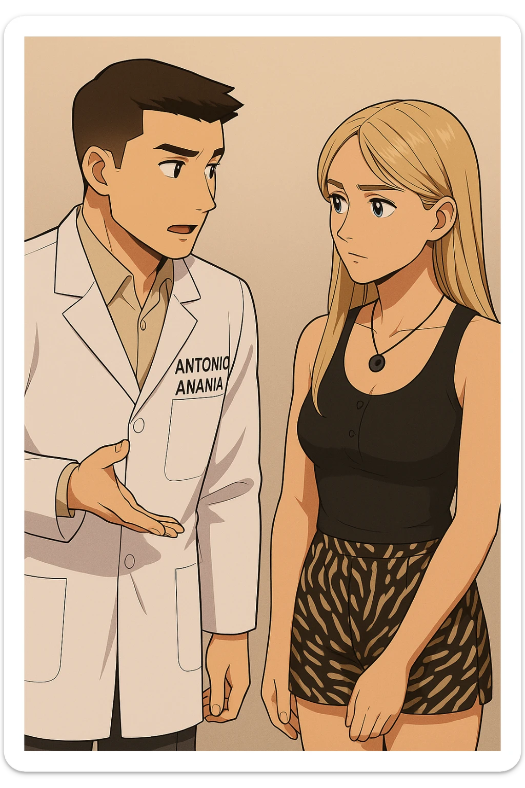 fai un webtoon/manga a colori con questo kinesiologo in camice bianco (fagli la scritta "ANTONIO ANANIA" SUL CAMICE) CHE PARLA CON QUESTA RAGAZZA CON GLI OCCHI AZZURRI. la ragazza gli fa una domanda e IL KINESIOLOGO CON IL CAMICE BIANCO LE risponde. NON FARE I FUMETTI, FAI SOLO LORO COME SE DIALOGASSERO sticker