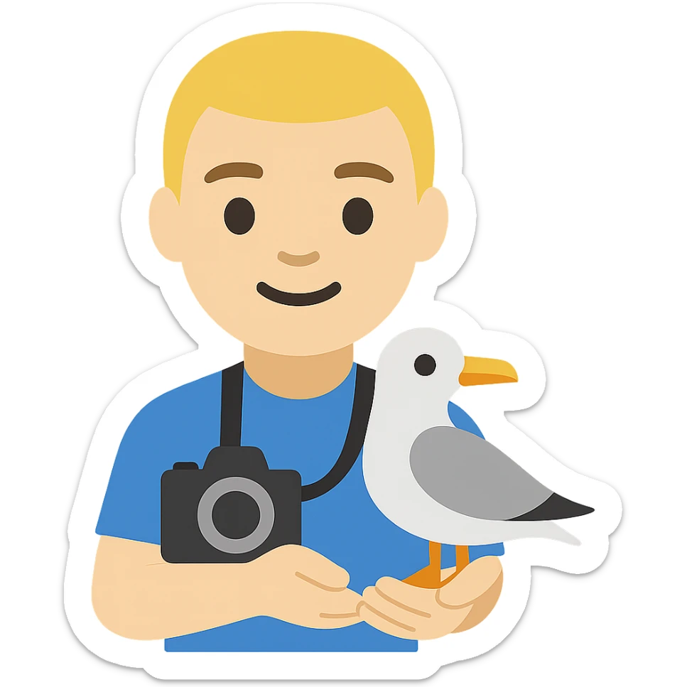 Minimalist emoji-style illustration of a smiling photographer holding a seagull in their hands and a camera around the neck. Simplified, clean lines, vibrant colors, small size sticker