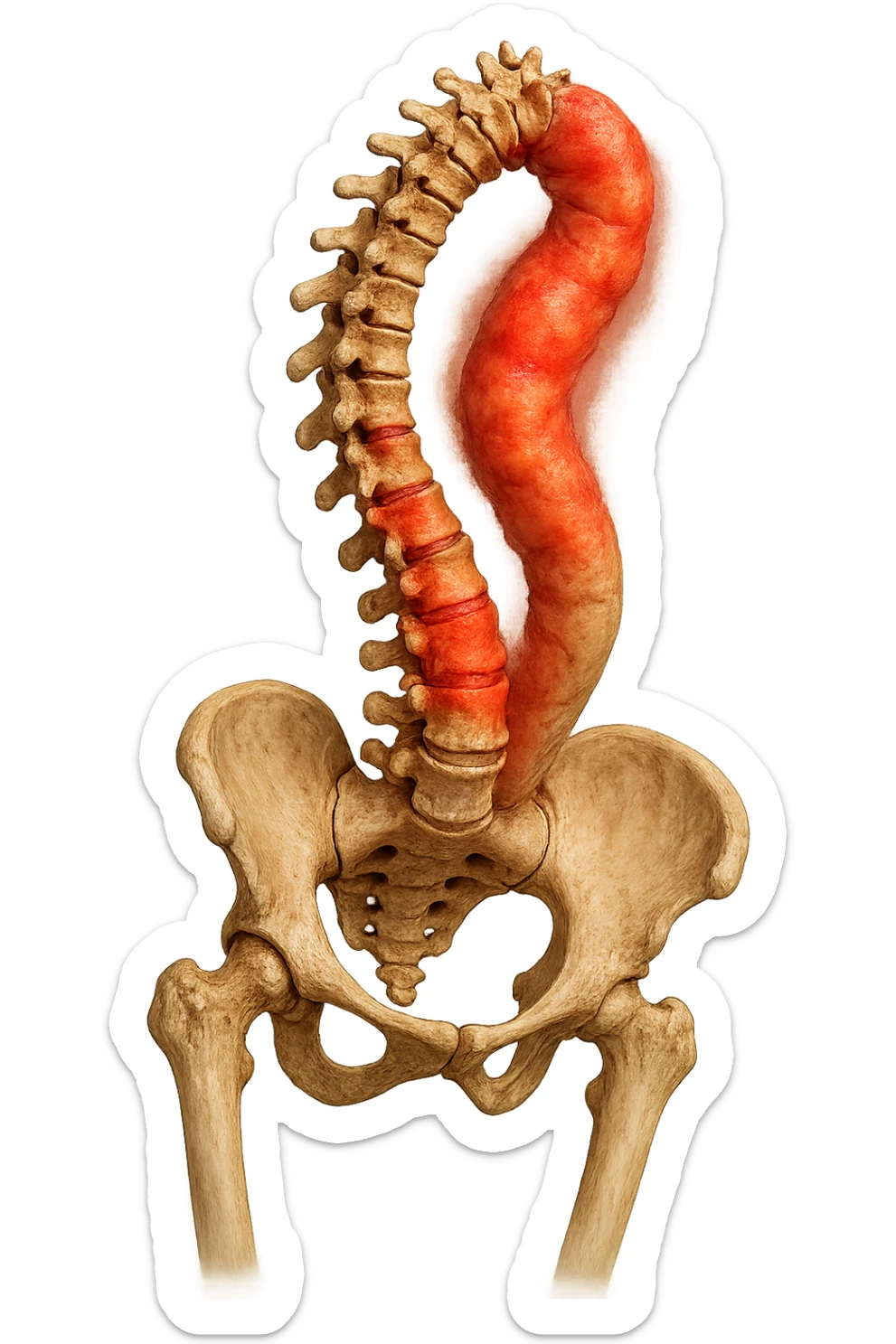 SPINA DORSALE STORTA E INFIAMMATA CON BACINO UMANO ANATOMICO REALISTICO INCLINATO, iperrealistica 4k sticker