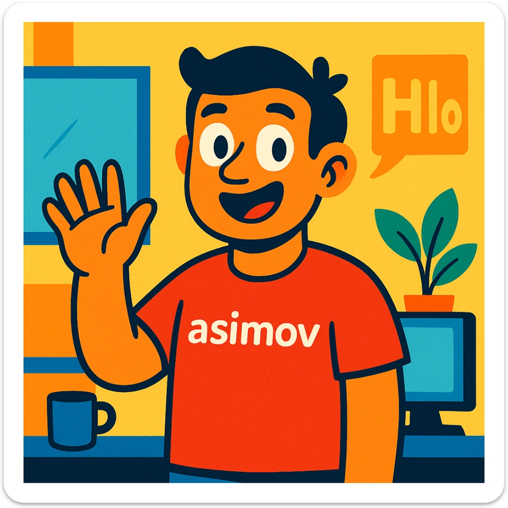 an office worker wearing a red t-shirt with the word 'asimov' printed on it, waving and saying hello, friendly expression, simple background, vibrant toon style sticker