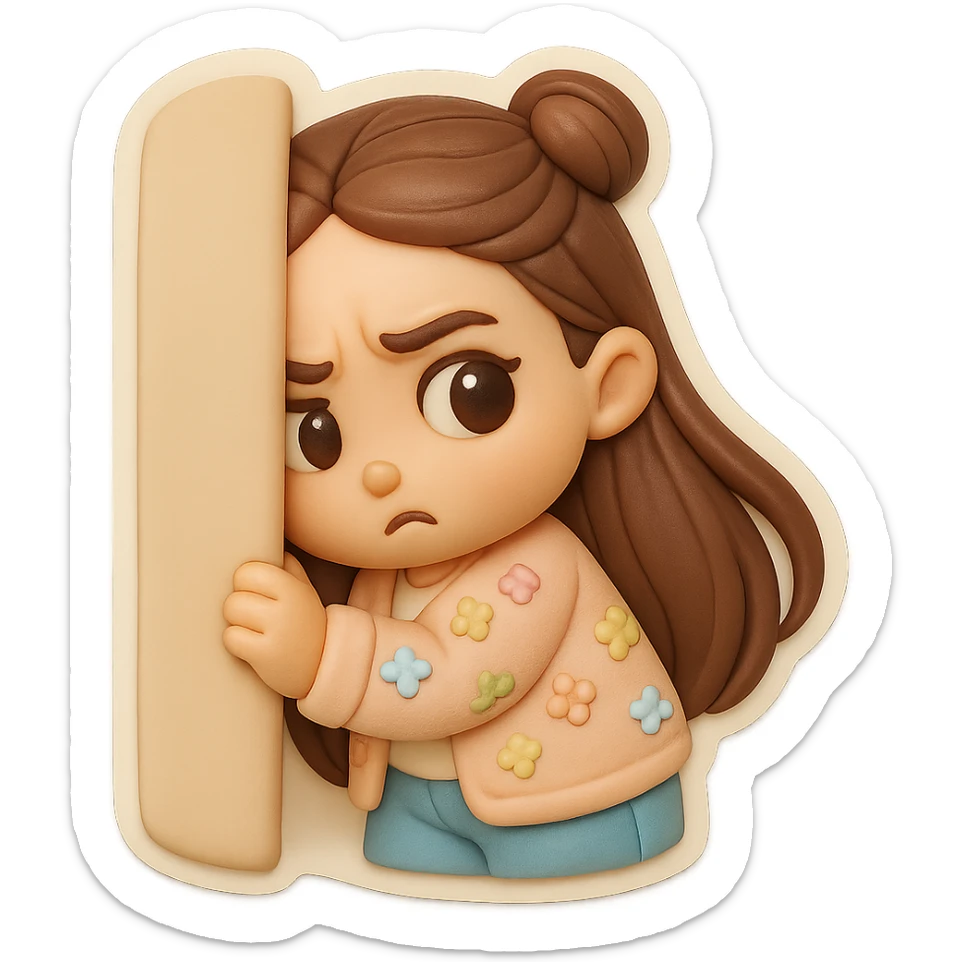3D chibi fondant cake art style, high-quality rendering with smooth shadows and soft gradients. Girl based on reference image (preserve facial features), long brown hair in two space buns, brown eyes, jeans, pastel floral cardigan, thick white outline like a sticker, transparent background. Peeking suspiciously from behind a corner. Make sure her appearance matches previous stickers. sticker