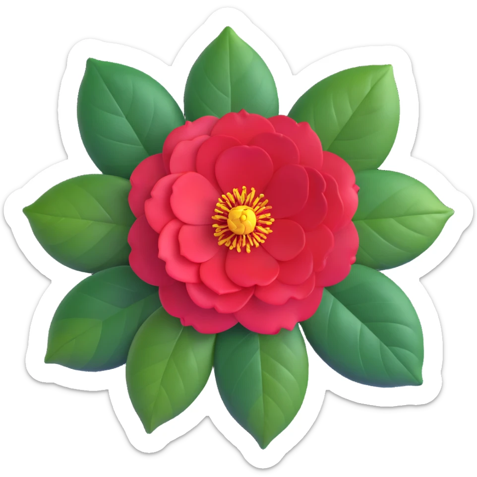 Detailed camellia japonica (tsubaki) flower with rich red formal double form petals, yellow stamens and shiny evergreen leaves sticker