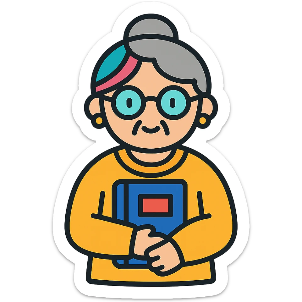 Gen Z style librarian granny with colorful hair streaks, trendy glasses, oversized sweater, holding a book, color outline icon sticker