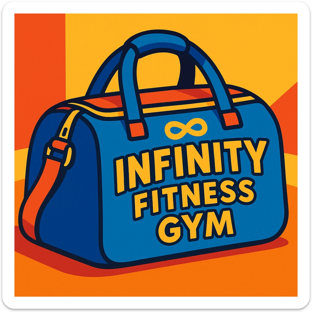 vibrant cartoon gym bag with 'Infinity Fitness Gym' printed in bold, playful letters on the side sticker
