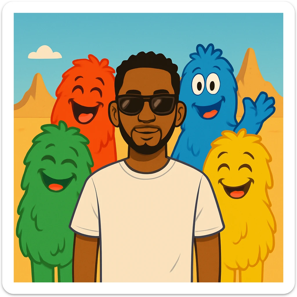 Edit the image of Omah Lay so that his hands are not touching his glasses. He should have a relaxed, confident pose with his arms at his sides. Keep him in front of the four colorful furry background characters. The style should be cartoon emoji style, capturing the look and feel of cartoon emojis. sticker