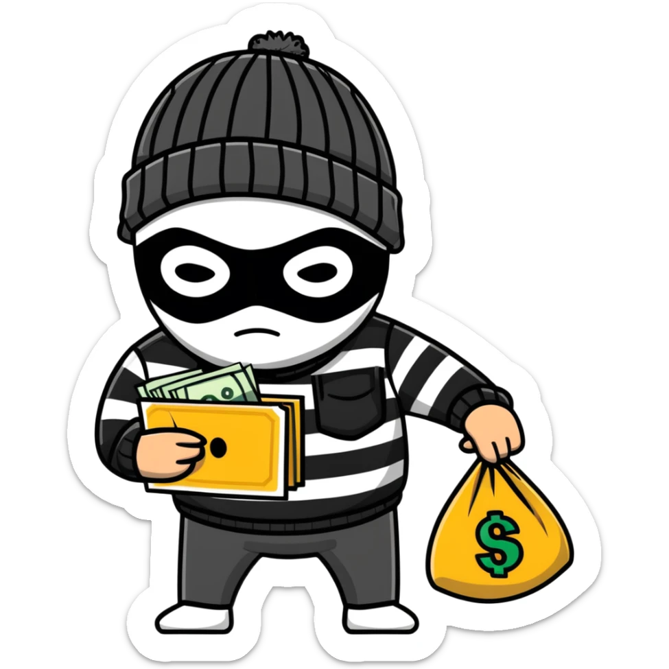 burglar wearing black and white striped shirt, black beanie, black mask over eyes, holding a moneybag sticker