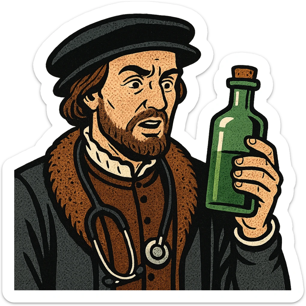 A male doctor from tudor england with his herbal medicine bottle sticker