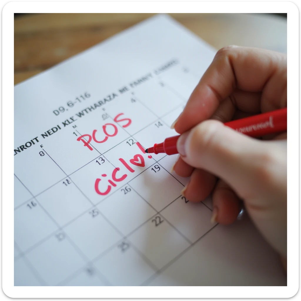 close-up of hands of a woman with PCOS marking the date of her period on a calendar with a red marker, with the word 'Ciclo!' and a heart, vertical 9:16, hyperrealistic 4K details sticker