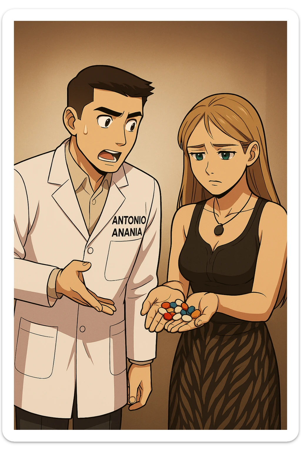 fai un webtoon/manga a colori con questo kinesiologo in camice bianco (fagli la scritta "ANTONIO ANANIA" SUL CAMICE) CHE PARLA CON QUESTA RAGAZZA CON GLI OCCHI AZZURRI. la ragazza gli fa una domanda e IL KINESIOLOGO CON IL CAMICE BIANCO LE risponde. NON FARE I FUMETTI, FAI SOLO LORO COME SE DIALOGASSERO sticker