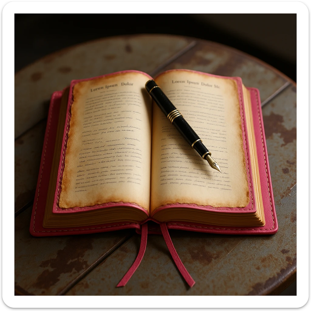 Change the leather cover of the diary to pink, diary open with a pen resting on the page, realistic and detailed style. sticker
