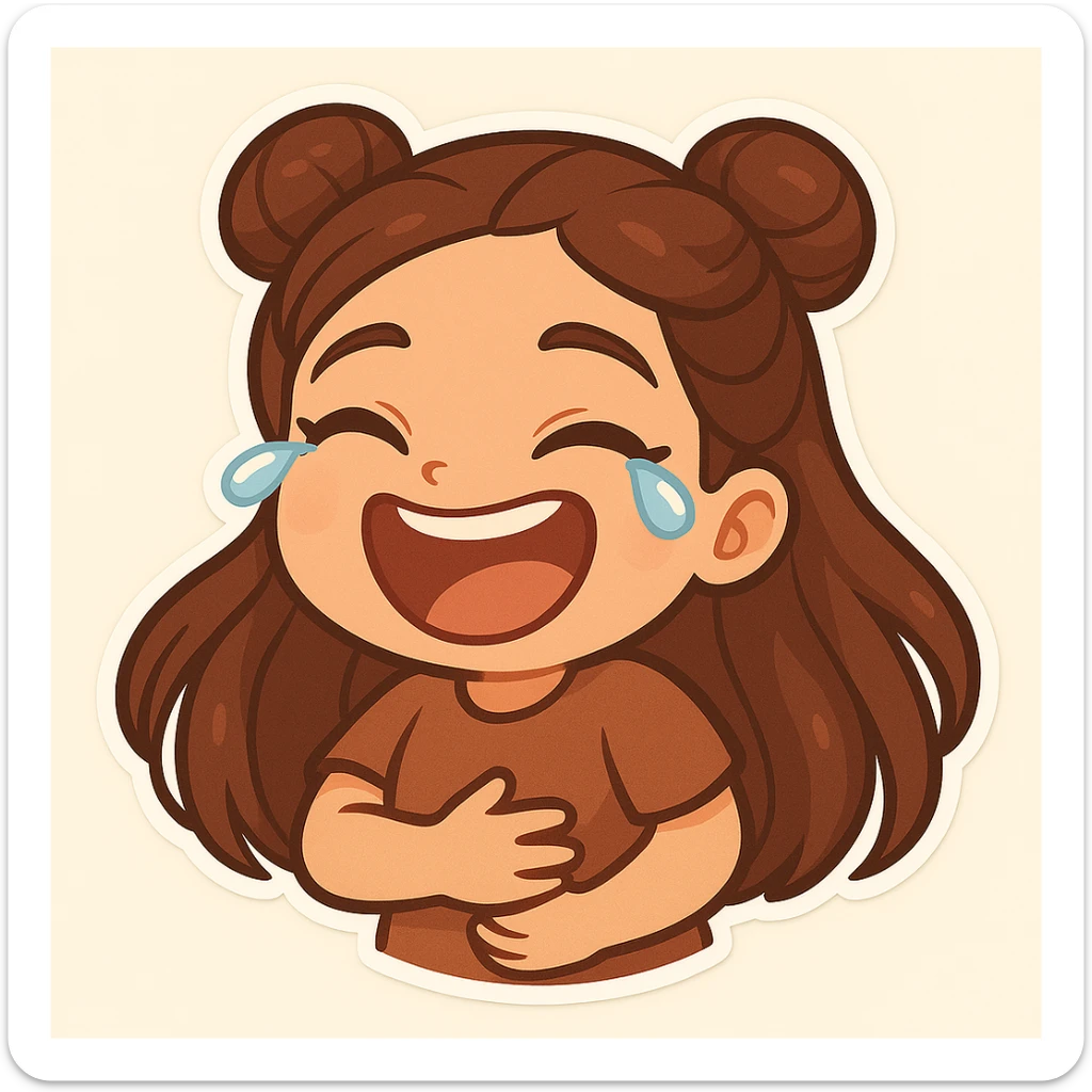 Create a chibi sticker of the girl with double bun hairstyle, laughing to tears, holding her stomach with one hand, very happy and joyful. sticker