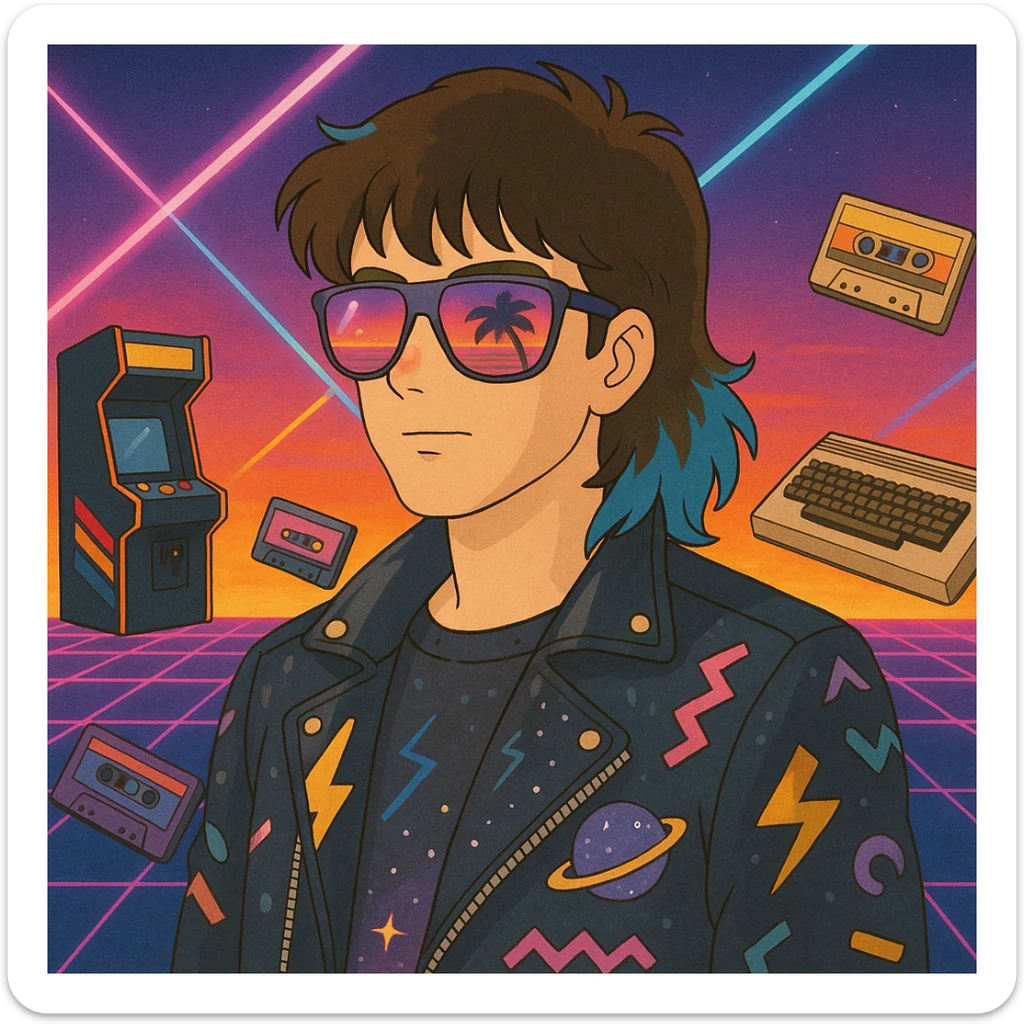 80s retro-futurism male portrait with mullet haircut with neon blue tips, airbrushed sunglasses with pink-purple gradient and palm/sunset reflection, leather jacket with lightning, cosmic, and Memphis Design patterns, neon gradient background with perspective grid, laser beams, cassettes, arcade games, Commodore 64, MTV-era palette sticker