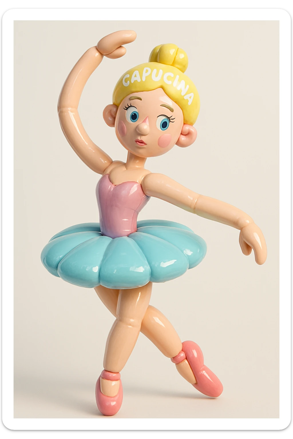 ballerina named Capucina, graceful pose, elegant tutu, soft colors, delicate and expressive, charming and whimsical sticker