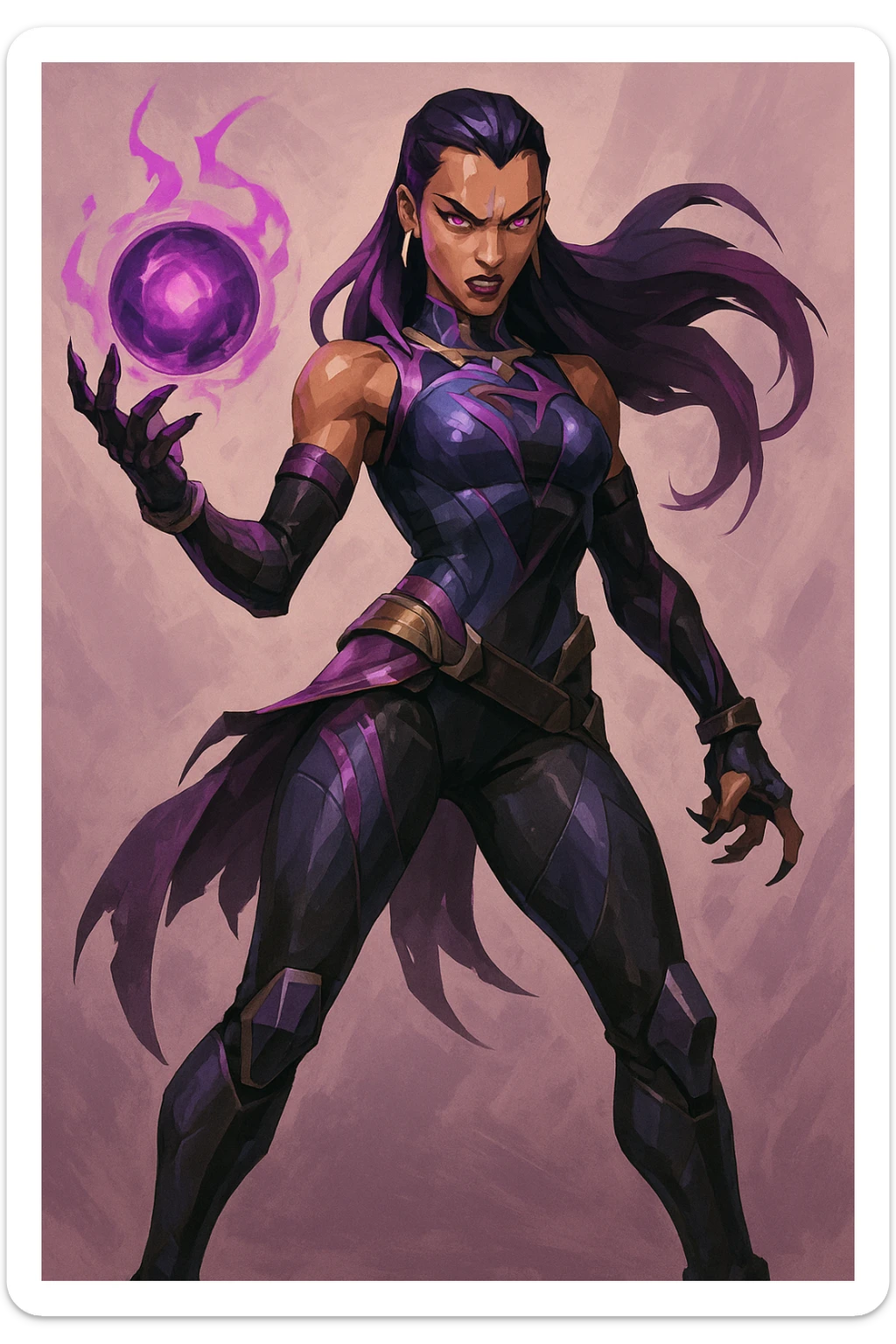 Valorant agent Reyna full body holding an orb, wearing purple and black outfit, fierce stance, energetic, digital illustration style sticker