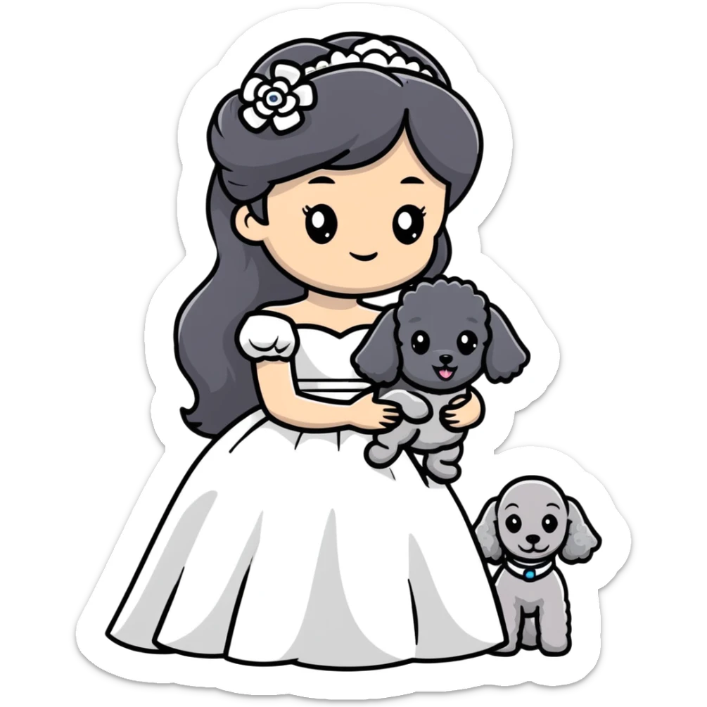 A beautiful girl with long black hair in a wedding dress holds a small gray poodle sticker