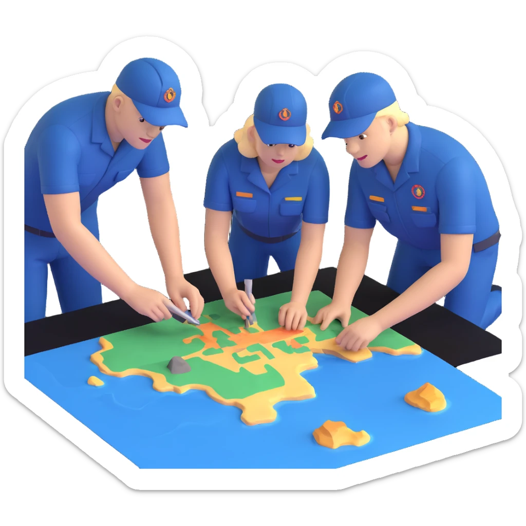 Team of marine geologists examining 3D maps of underwater terrain created from sonar data sticker