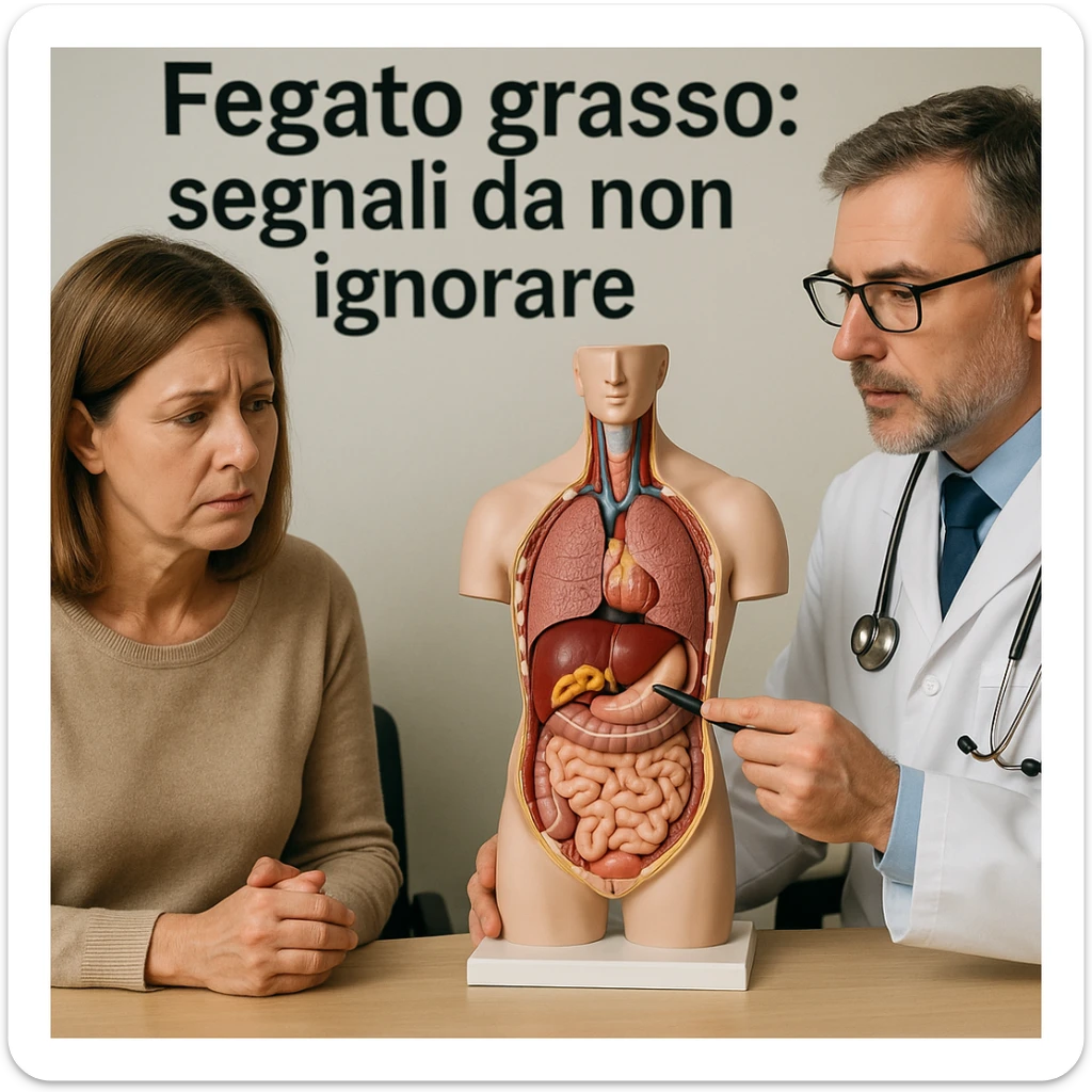 symbolic scene of a person sitting in a clinic, doctor pointing to liver area on anatomical model with yellow areas, Italian text 'Fegato grasso: segnali da non ignorare', 4K quality sticker