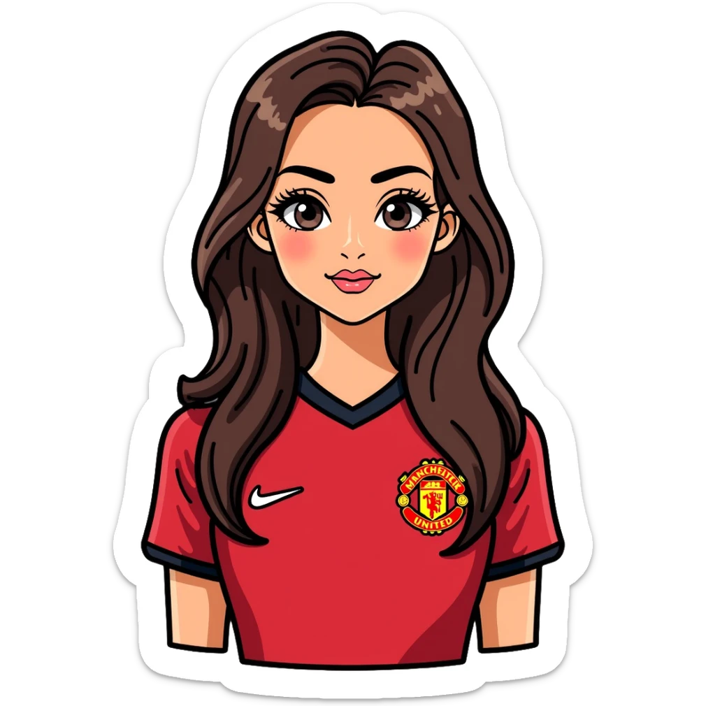 Cute girl with long straight brown hair, brown eyes with mascara, makeup, wearing a Manchester United red football kit sticker
