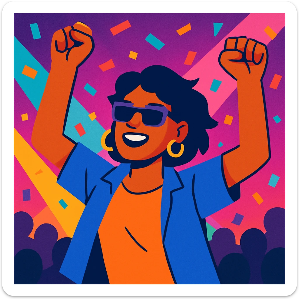 close-up of a person dancing with hands in the air at a concert, confetti, colorful lighting sticker