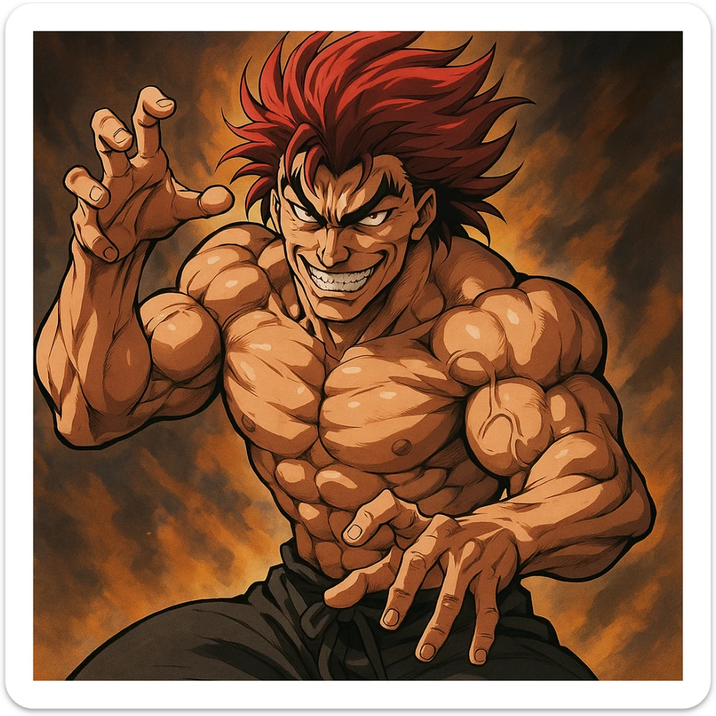 Yujiro Hanma, muscular anime character with red spiky hair, menacing grin, martial arts pose, style 4 sticker