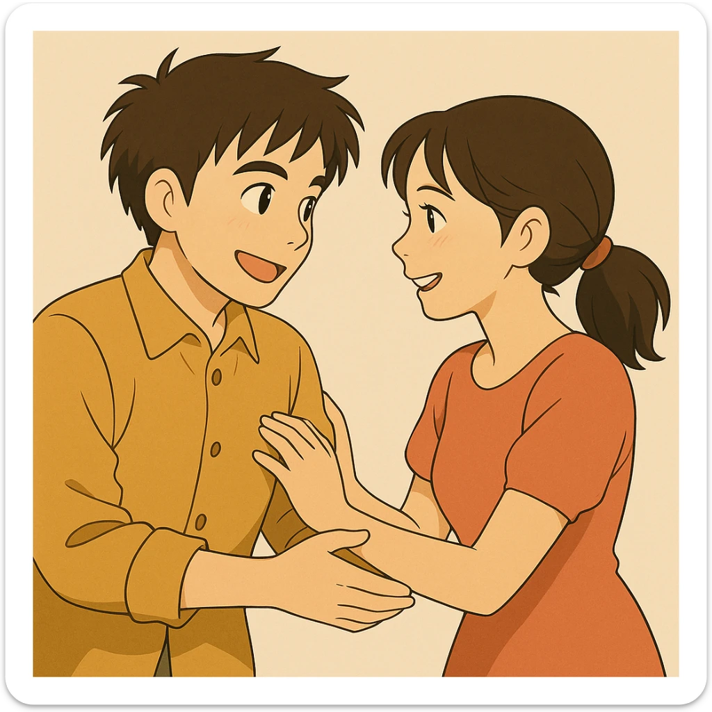 Change the scene so the woman and man are in love, smiling at each other, affectionate body language sticker