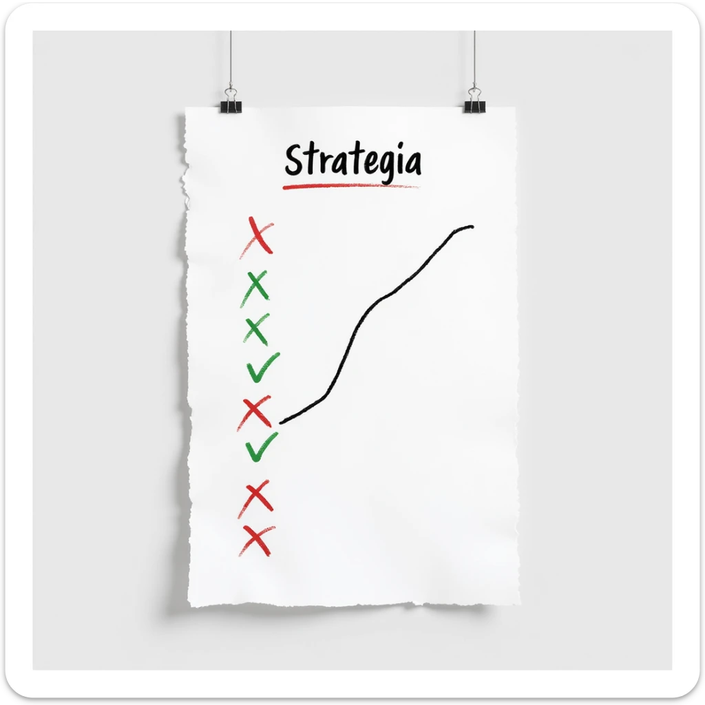 hyperrealistic 4K white sheet of paper with the word 'strategia' written at the top, a wavy line crossing the sheet with stages marked by red crosses and green check marks, photorealistic style sticker