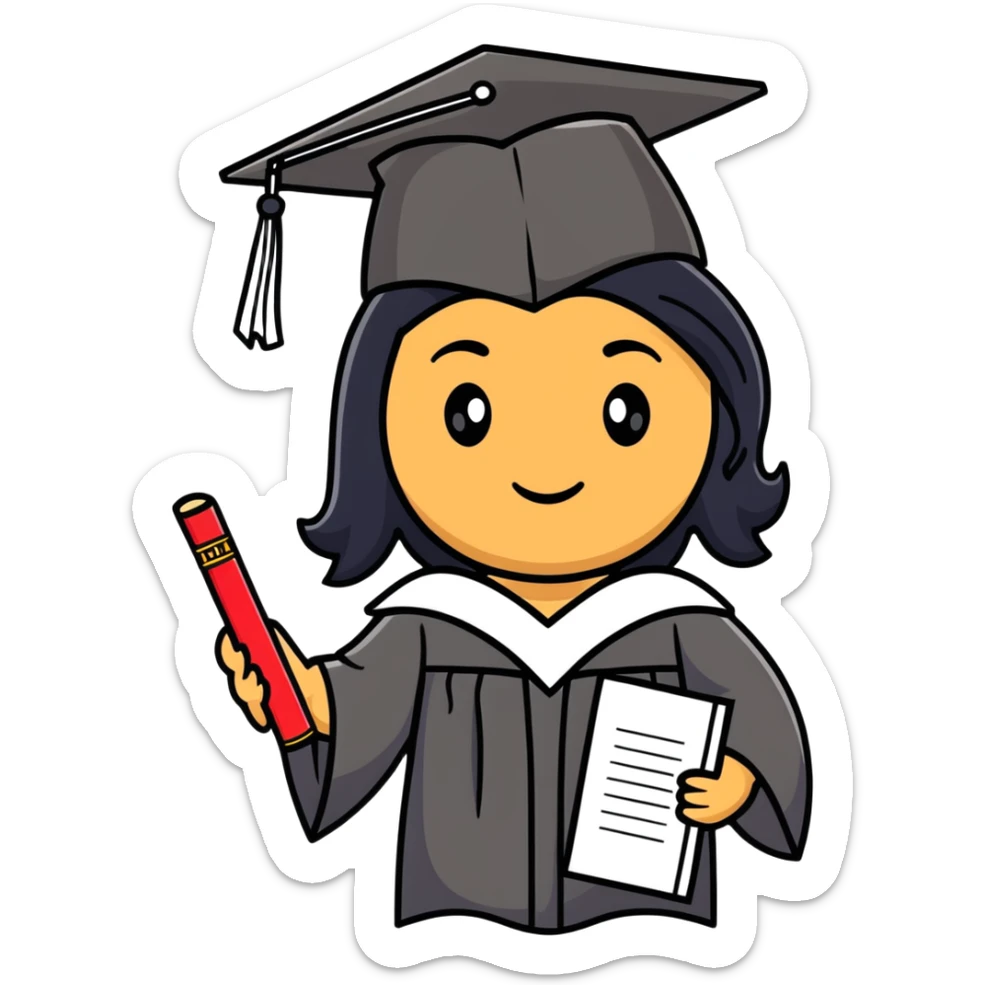 happy olive-skinned graduate with long wavy black hair wearing graduation cap and holding diploma sticker