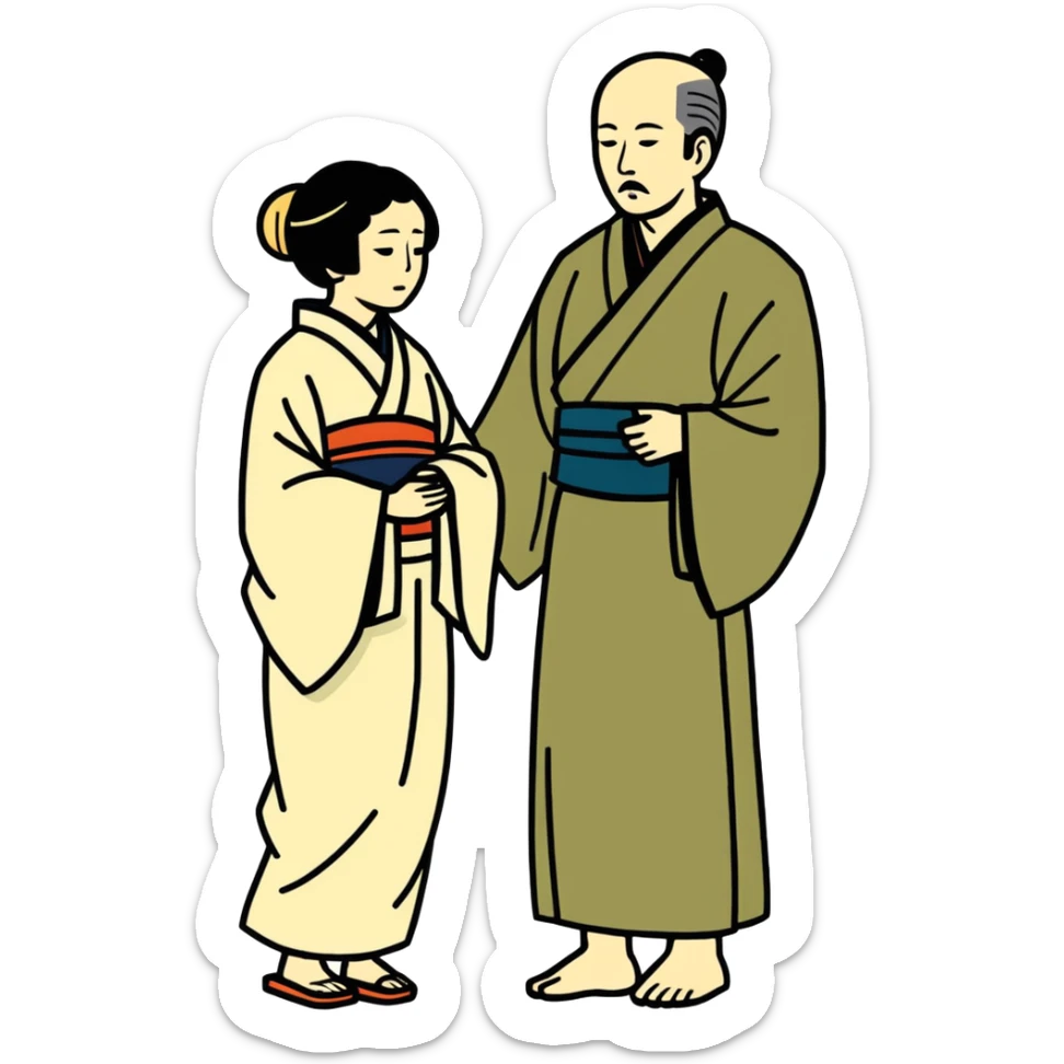 illustration of father celebrating the singing of divorce papers next to grieving wife Japanese art influence sticker