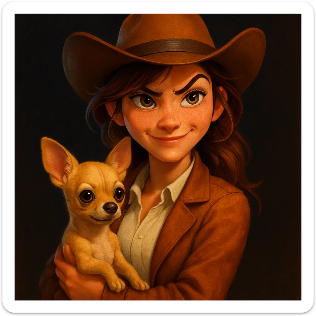 Portrait of a rebellious and mischievous expression woman cowboy, cream shirt, cognac color jacket, freckles, tanned skin, hazel eyes, hair with auburn highlights, holding an adorable beige-brown chihuahua in her arms, dark background, Pixar art style, bright illustration, big expressive eyes, vivid colors sticker
