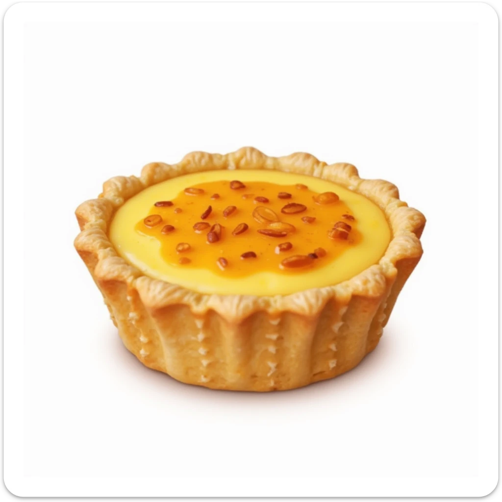 realistic illustration of a typical Portuguese pastry, pastel de nata, golden custard tart in a flaky crust, photorealistic style sticker
