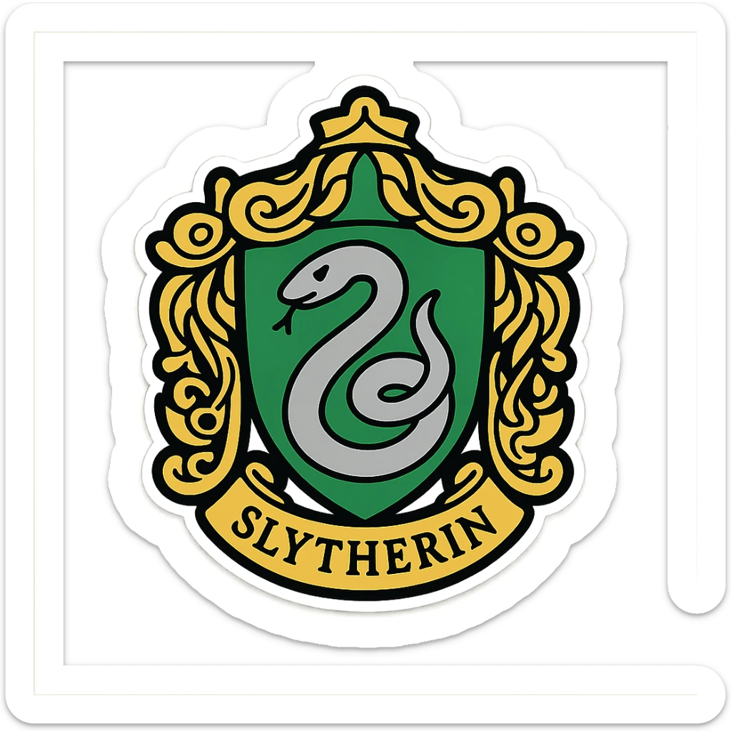 digital sticker of the Slytherin house crest with silver and green details and an ornate frame, semi-realistic vector art style, clean outlines, flat colors, slight shadows, arranged for a sticker sheet sticker