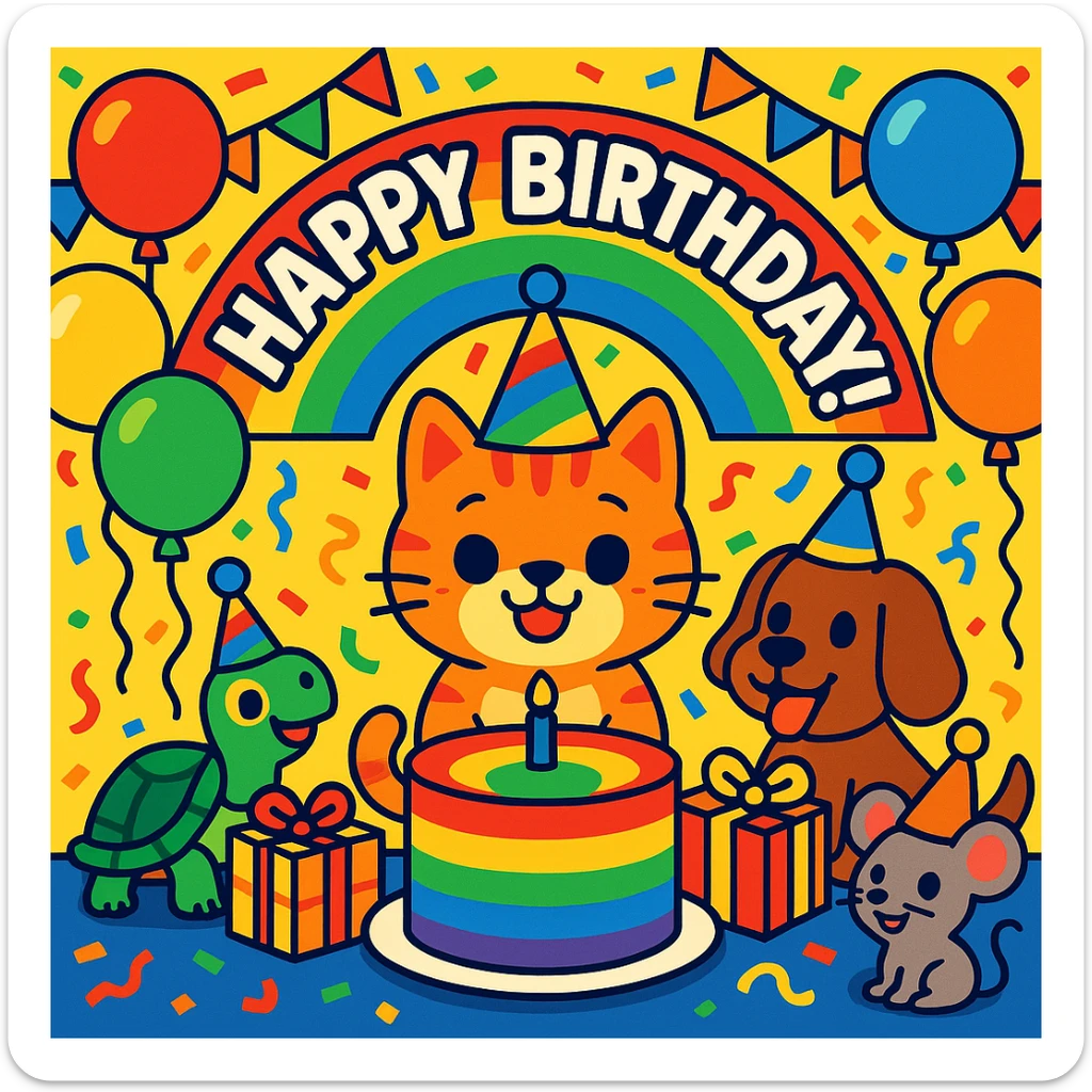 vibrant-toon style birthday party scene with a rainbow color theme including rainbow balloons, multicolored decorations, confetti, a large rainbow birthday cake, gifts, and a festive atmosphere. Main character is a ginger tabby kitten wearing a birthday hat, surrounded by a puppy, turtle, and mouse also celebrating. Prominent 'Happy Birthday!' message included in the scene. sticker