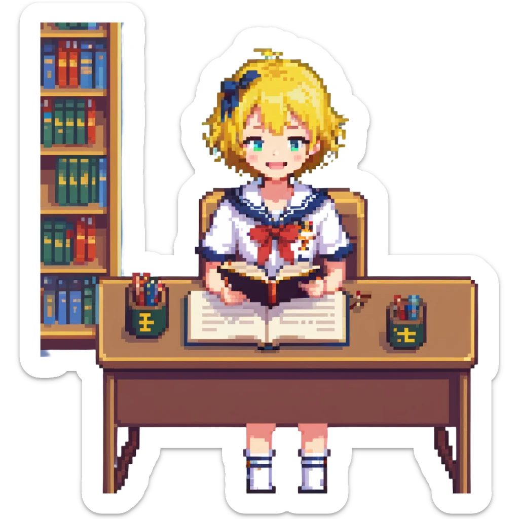 Pixel art anime girl with short bright yellow hair wearing Japanese sailor style school uniform, sitting at desk reading book but with excited smile, energetic studying pose sticker