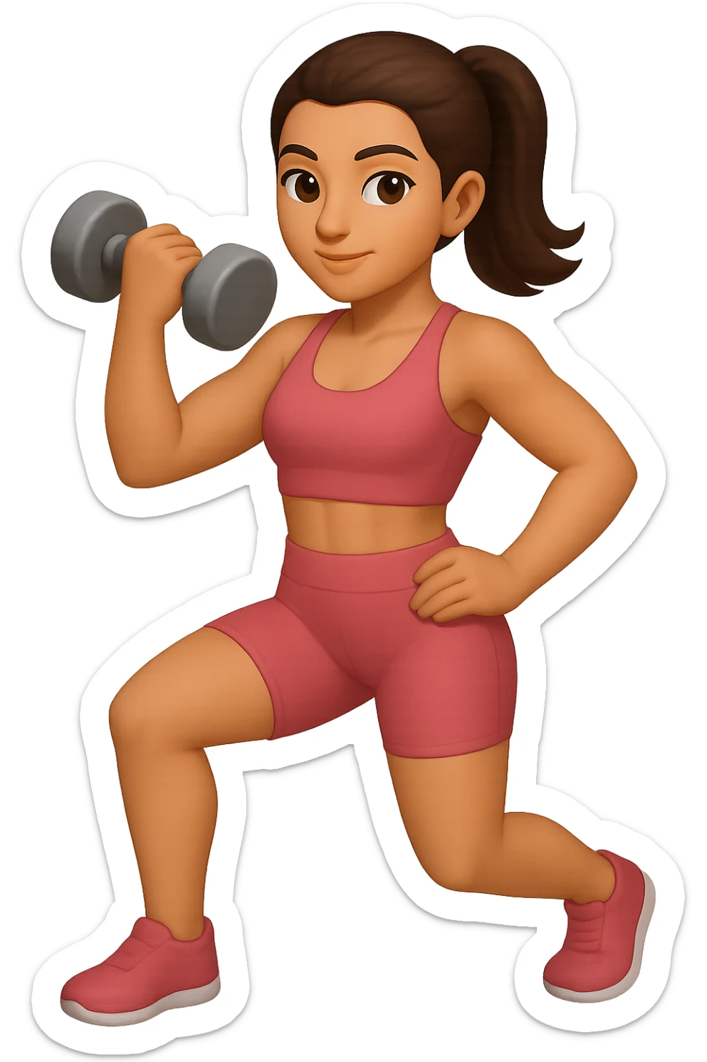 Create an emoji style illustration of a girl doing musculation wearing a cute pink workout set, inspired by the reference image. sticker