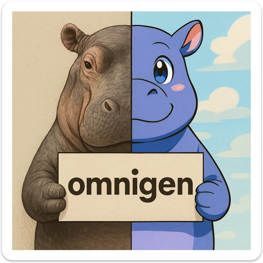 a hippo holding sign of omnigen, half picture hippo is realistic another hald is the anime of that same hippo sticker
