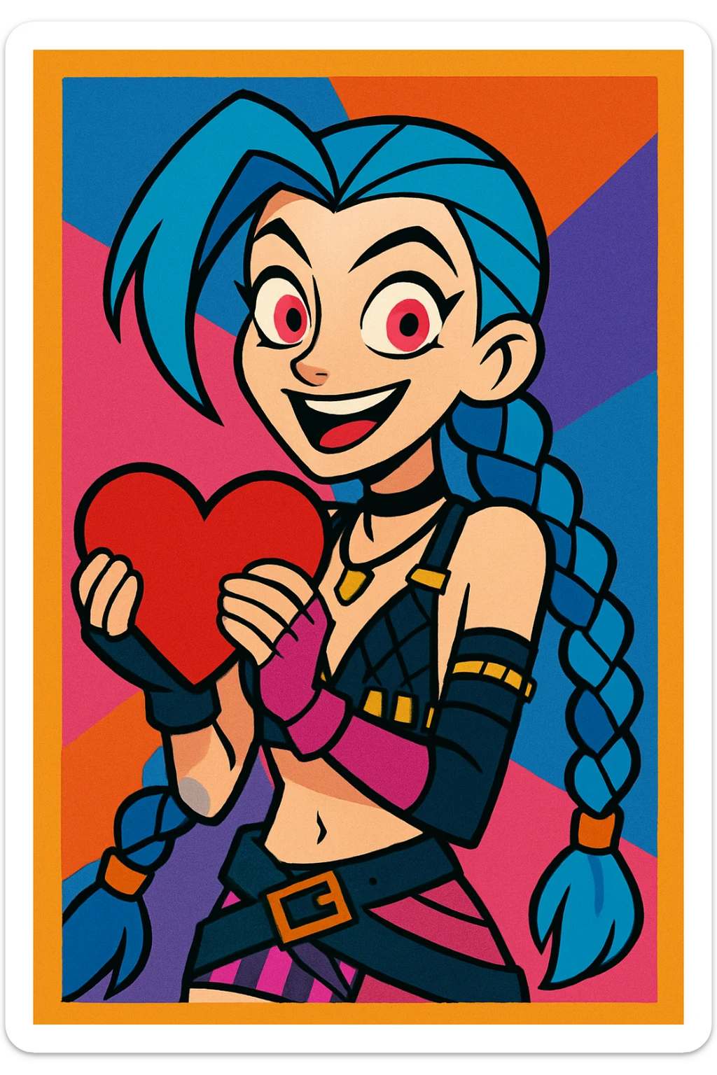 Jinx from League of Legends holding a heart, vibrant cartoon style sticker