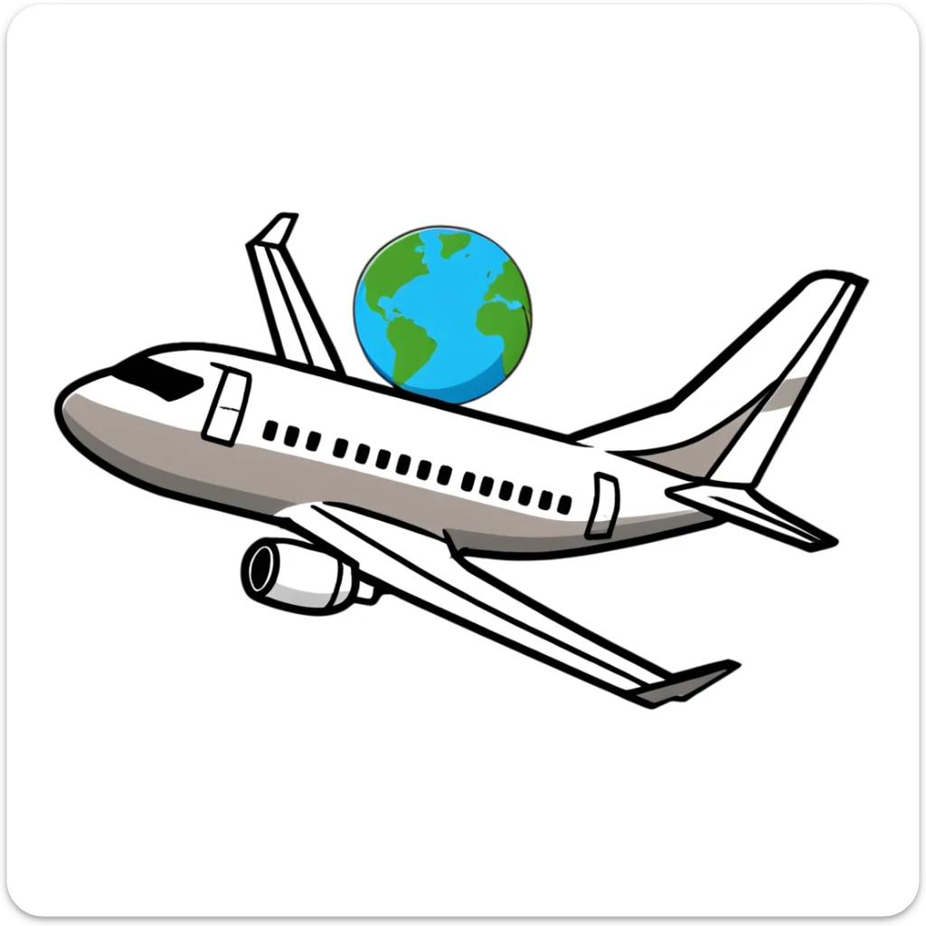 Boeing 737 commercial passenger airplane traveling around the world with Earth visible sticker
