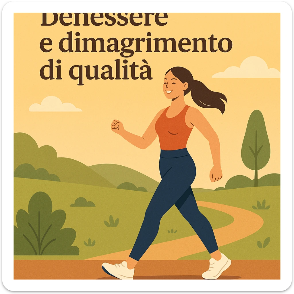 symbolic scene of a woman walking outdoors with confident steps, sporty clothing, harmonious silhouette, happy expression, Italian text: 'Benessere e dimagrimento di qualità', 4K quality sticker