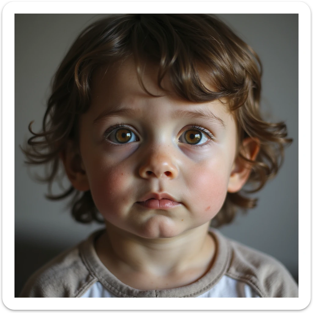realistic child with facial features arranged to suggest the letter F, natural lighting, lifelike details sticker