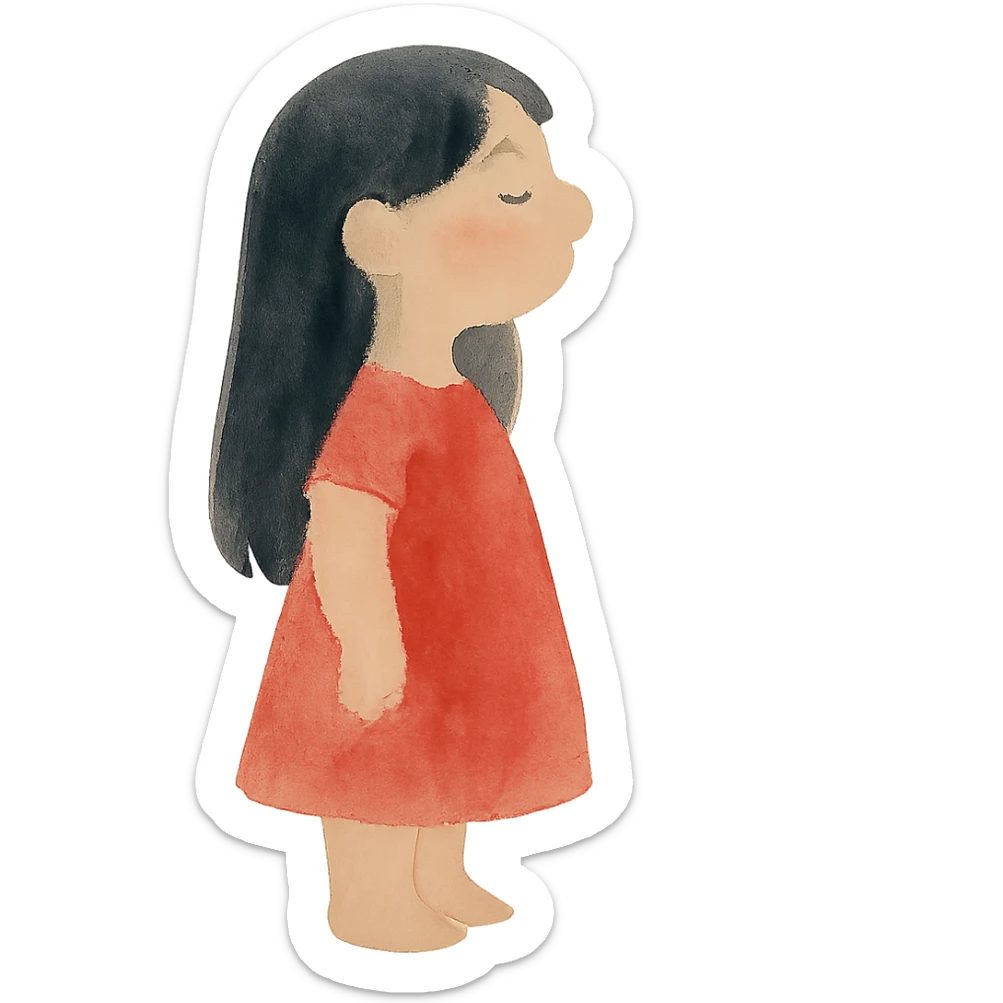 Lilo-inspired girl, watercolor art style, red dress, black hair, soft and dreamy sticker