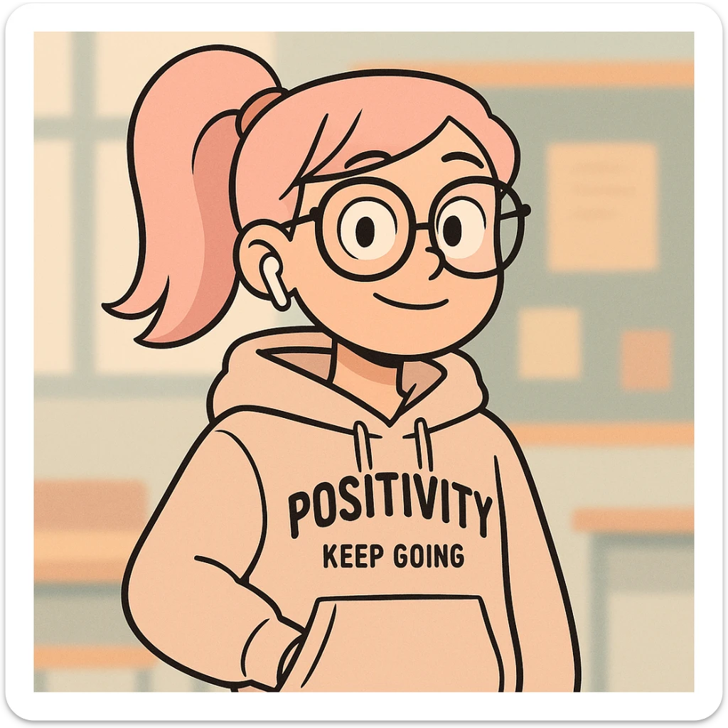 cute and modern digital avatar of a teenage girl with pastel pink hair in a high ponytail, oversized glasses, stylish hoodie with English phrases, wireless earbuds, confident and friendly expression, standing in front of a soft background with abstract classroom or city elements, clean 2D digital illustration, slightly cartoonish but polished, Instagram-style color palette sticker