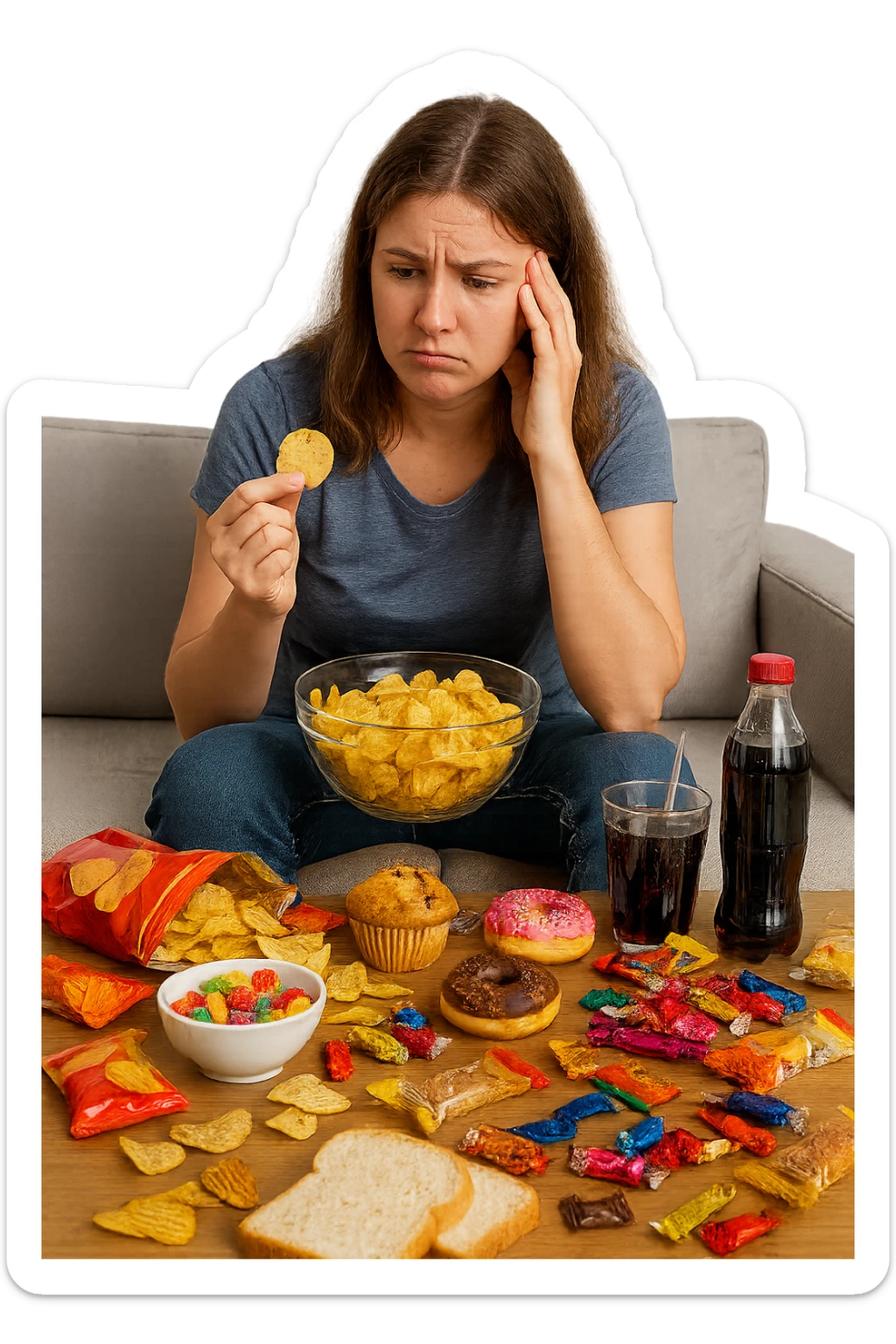 Donna tra i 25 e i 35 anni seduta sul divano o a un tavolo disordinato, circondata da cibi sparsi e poco sani: patatine, dolci, pane bianco, snack confezionati, bibite.  sticker